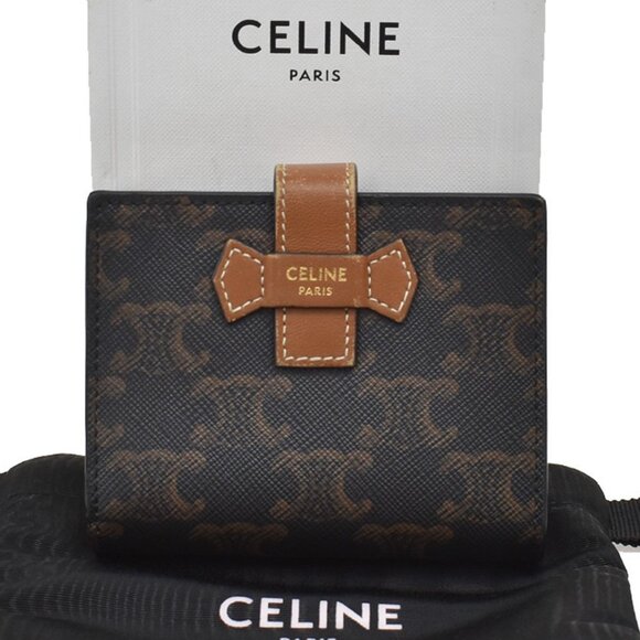 CELINE Small Strap Bifold Wallet Purse Triomphe Canvas Leather Black - Picture 1 of 14